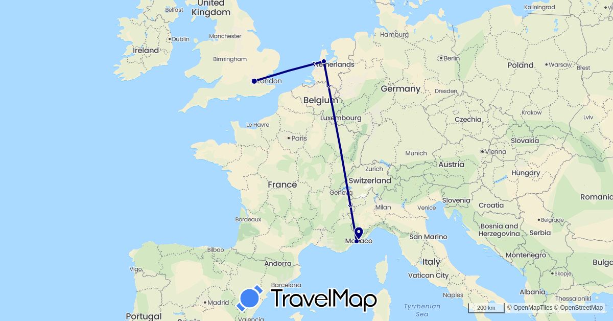 TravelMap itinerary: driving in France, United Kingdom, Monaco, Netherlands (Europe)